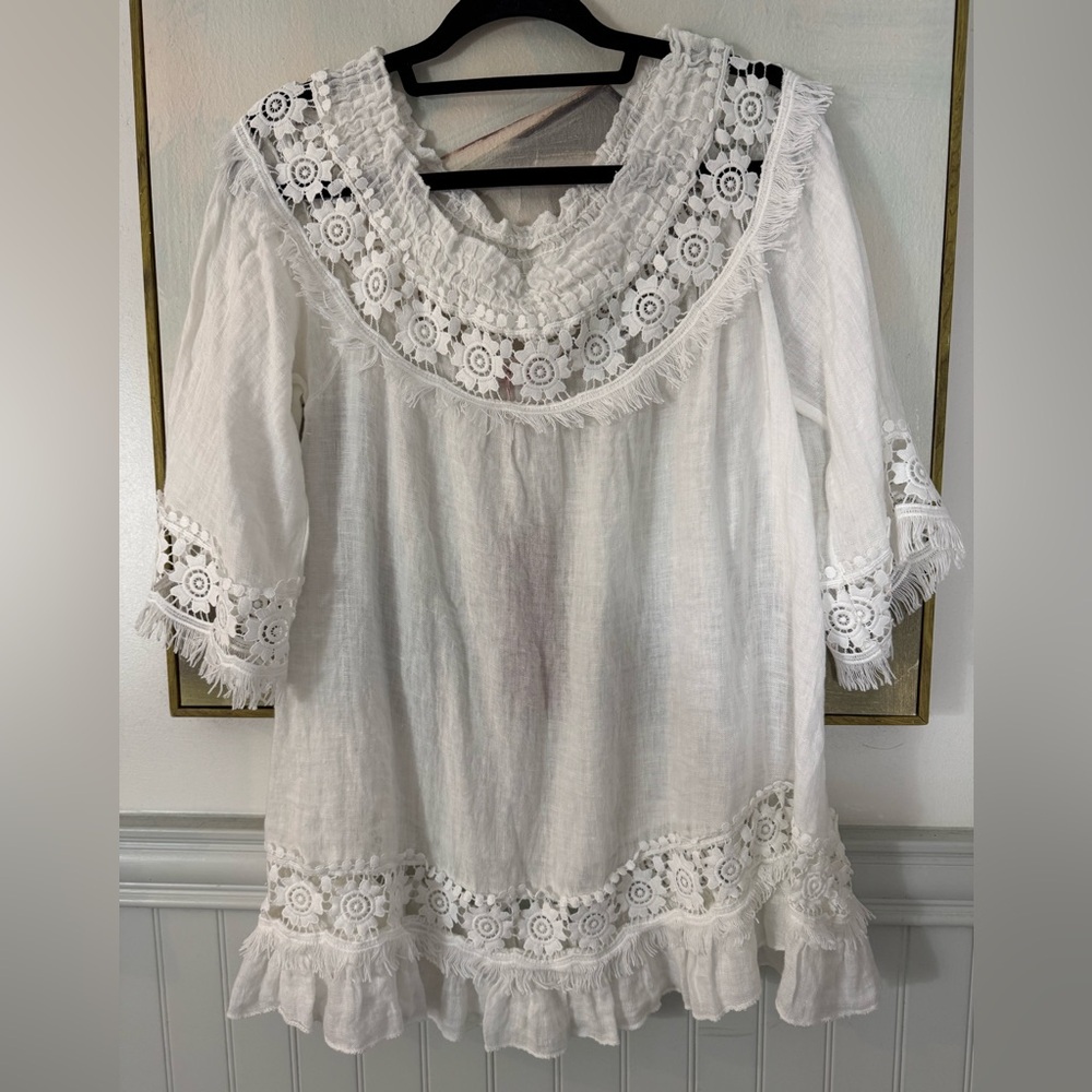 SCANDAL ITALY Blouse Top Linen Embroidered Lace Gauzy Boho Summer White NWT SM